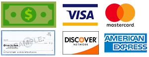 We accept cash, approved check and credit/debit cards.  There is no additional fee for processing credit/debit cards.